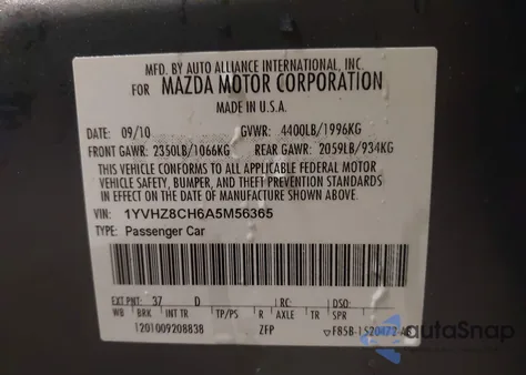 2010 Mazda Mazda6 I Touring Plus из США, поврежденный, VIN 1YVHZ8CH6A5M56365